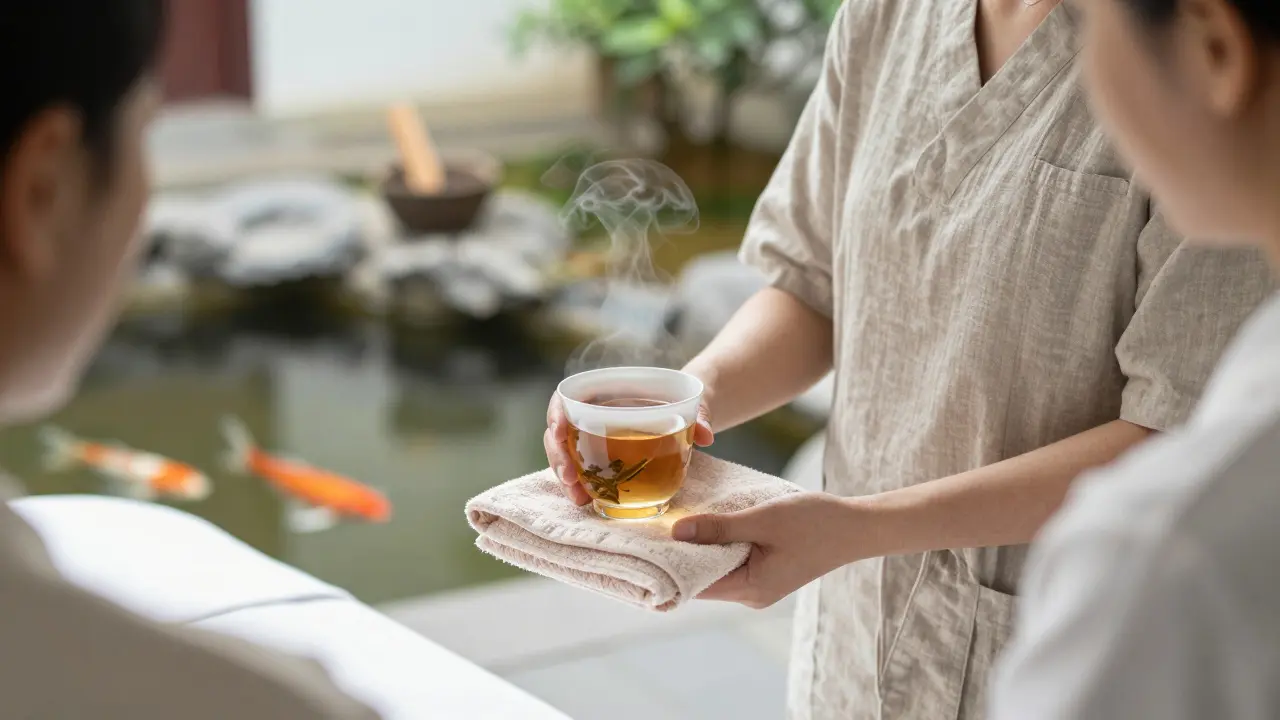 A therapist offering warm tea and a towel to a guest after a spa treatment.