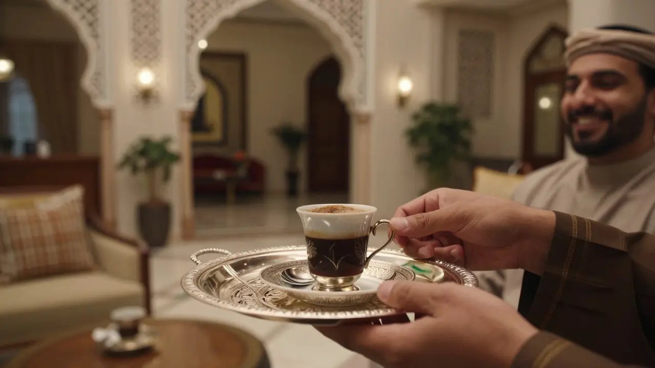 A traditional Arabic coffee cup offered on a silver tray in a luxury hotel lobby.