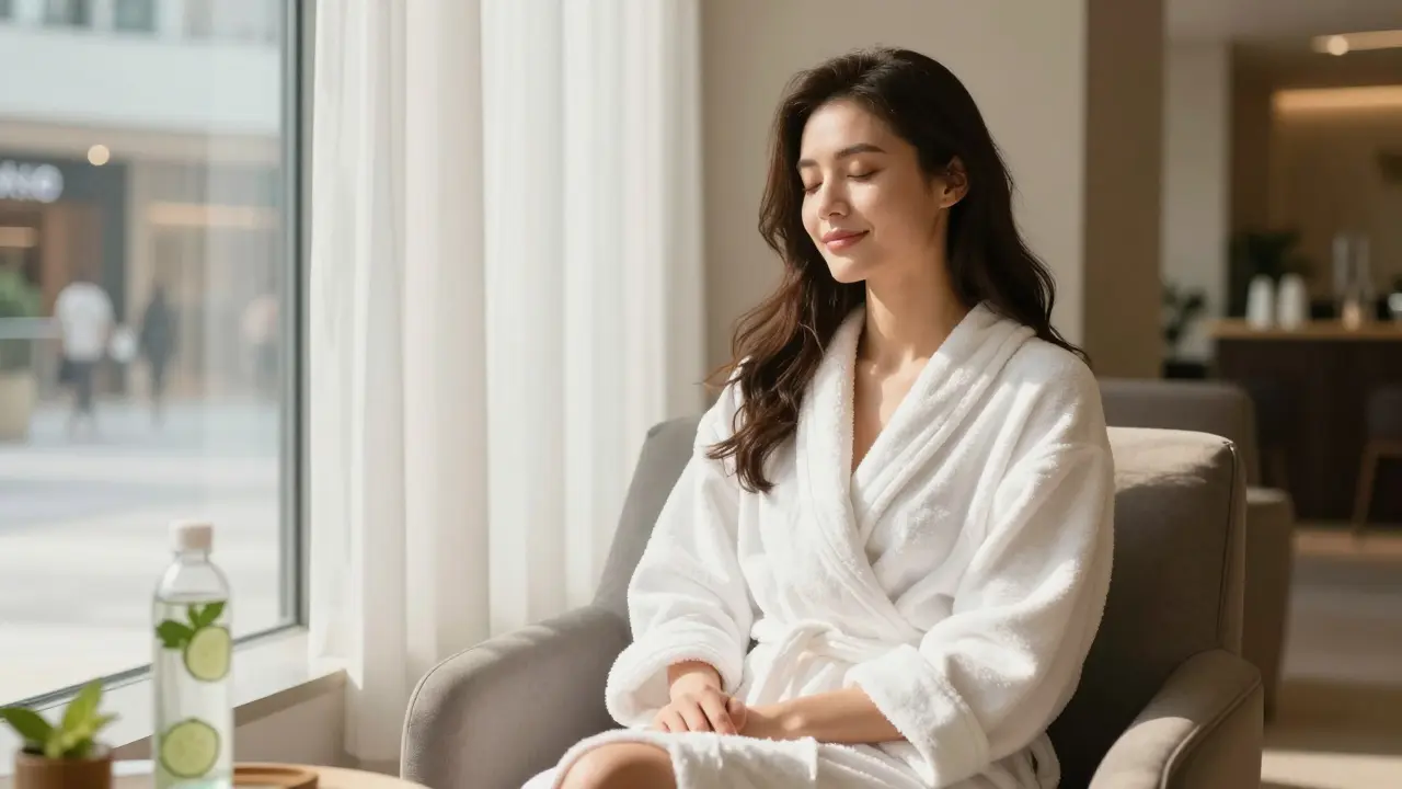 A woman in a spa robe smiling gently, relaxing in quiet lounge with soft natural light.