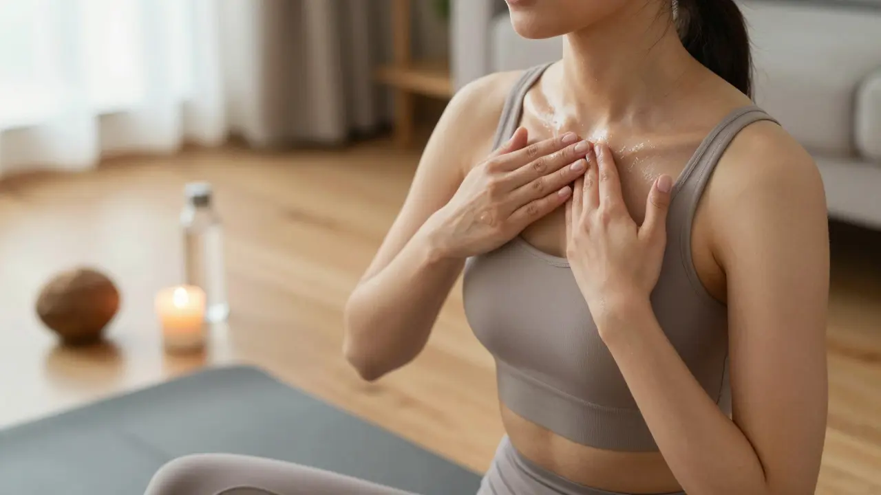 A woman practicing self-lymphatic massage at home, gently stroking her collarbone in natural morning light.