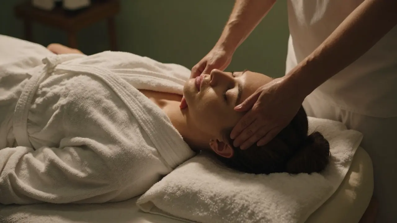 A woman receiving a massage with lavender oil on her temples, eyes closed in calm.