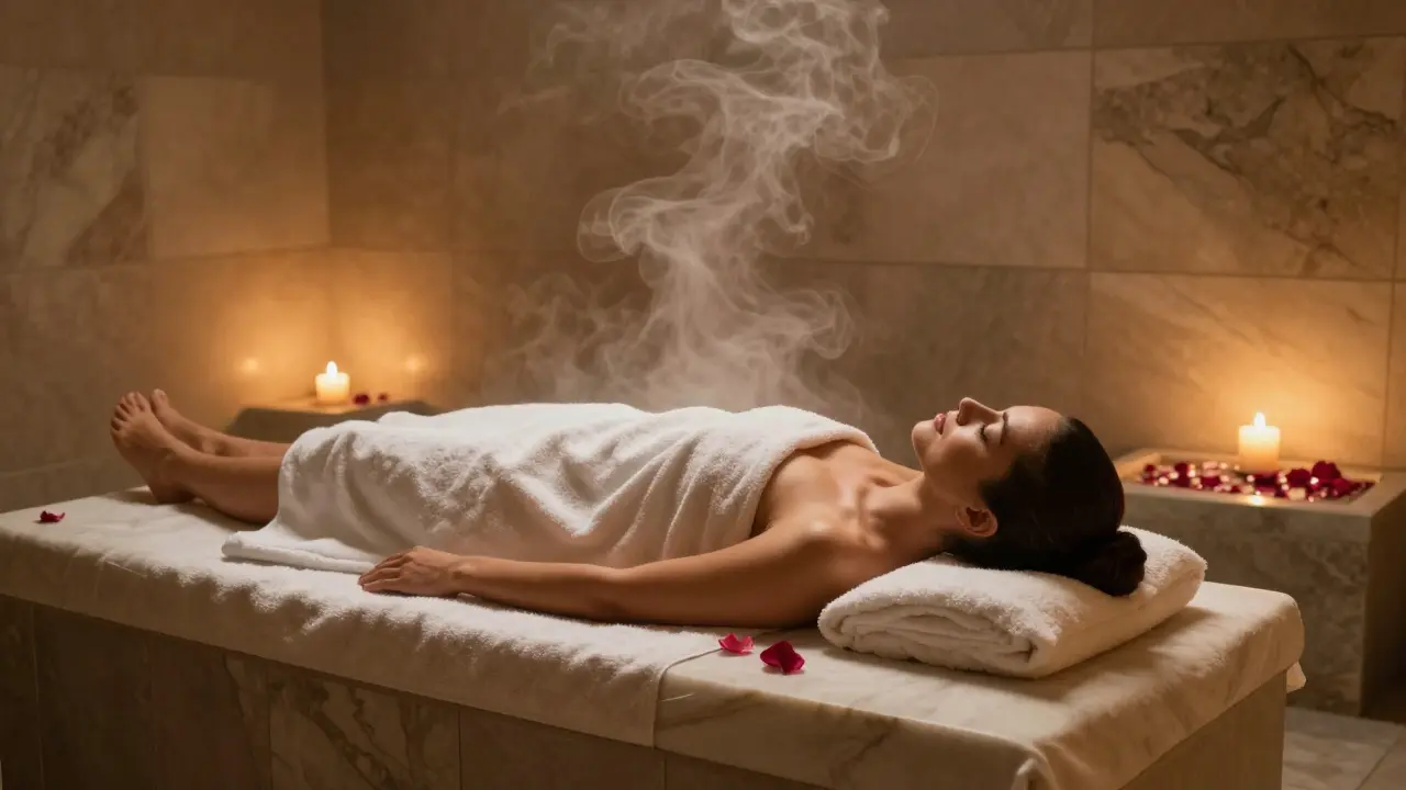 A woman rests peacefully on a marble slab in a quiet hammam room.