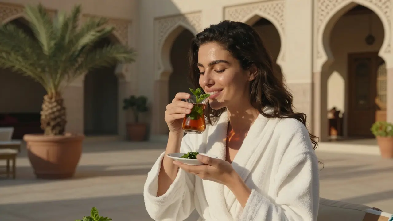 A woman smiles while drinking mint tea in a peaceful courtyard after a Moroccan bath, wearing a white robe.