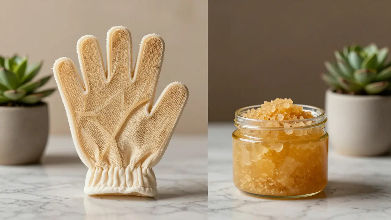 Bamboo exfoliating glove next to a glass jar of sugar scrub on a marble counter with a plant.