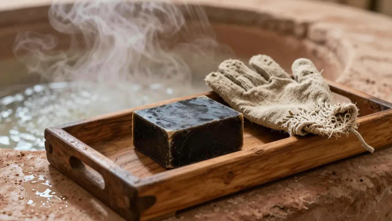 Black soap and a kessa glove on a wooden tray with steam in the background.