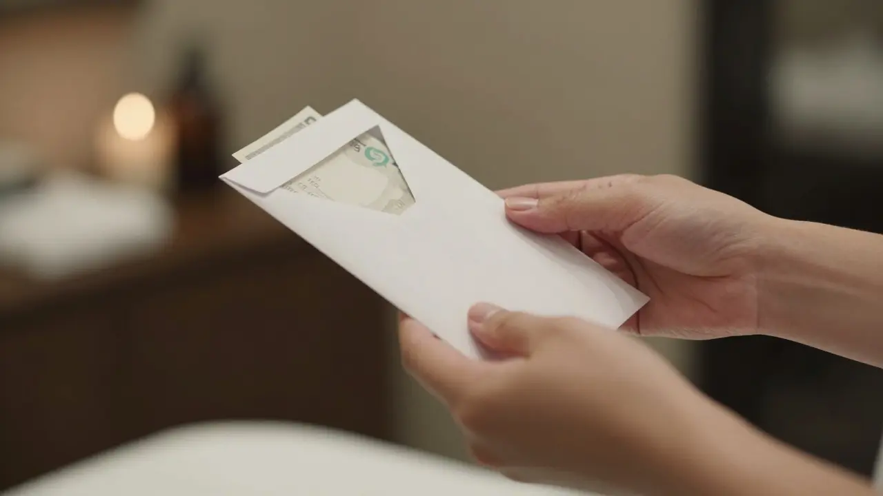 Cash being handed in an envelope to a spa therapist with a gentle smile.