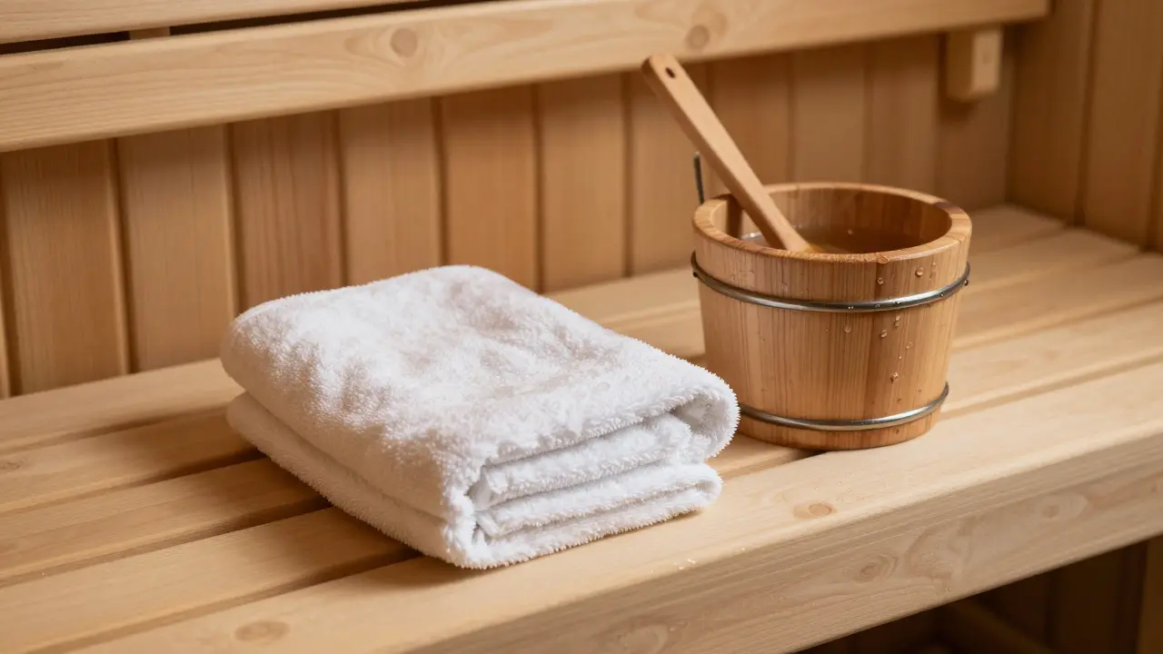 Clean wooden sauna bench with folded towel and wooden ladle beside a water bucket.