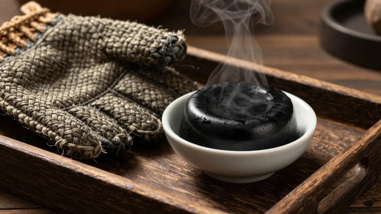 Close-up of a kessa mitt and black soap on a wooden tray.