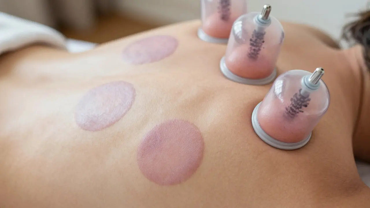 Close-up of circular cupping marks on skin, no injury visible