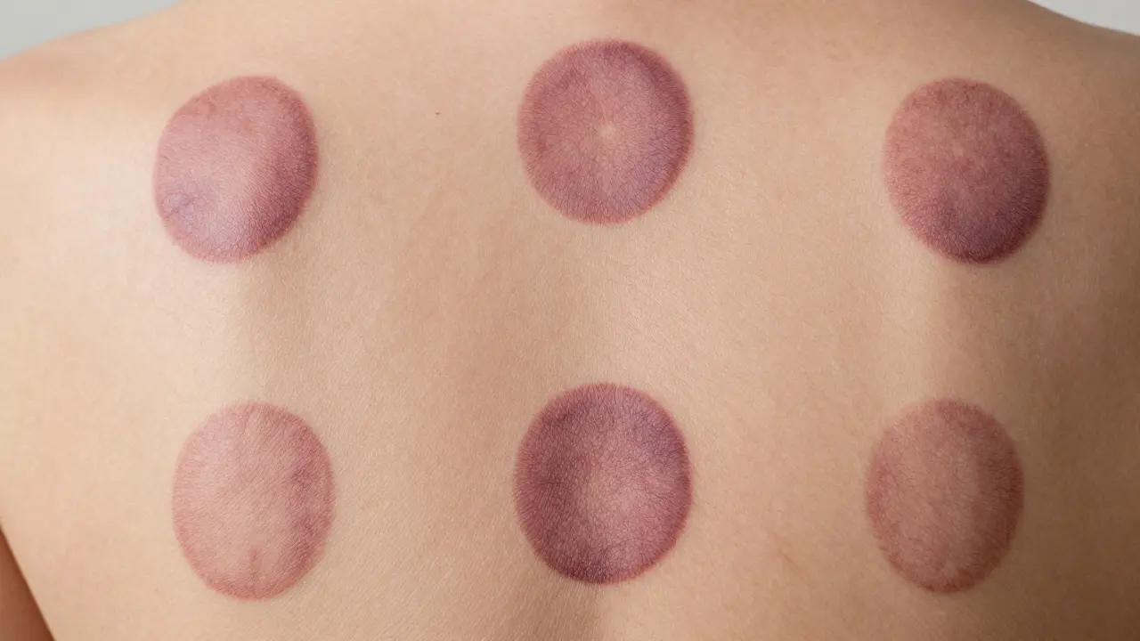 Close-up of circular cupping marks on skin, no open wounds