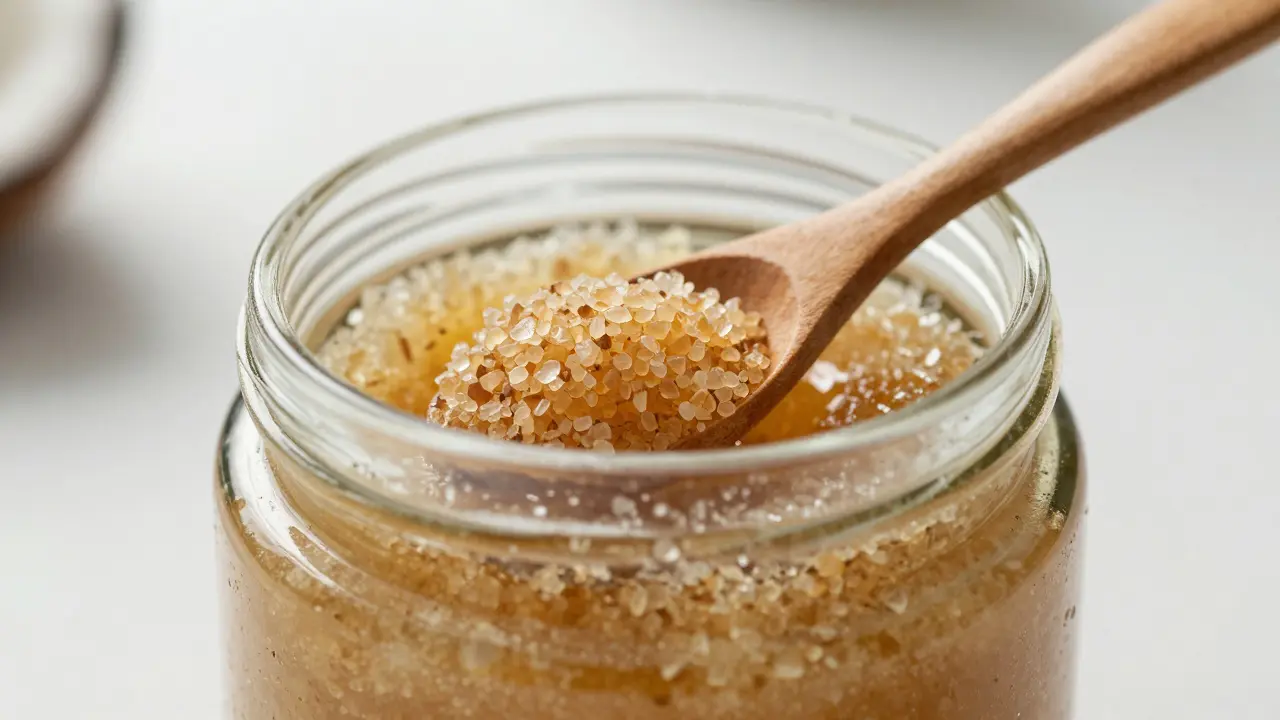 Close-up of handmade body scrub in glass jar with sugar and coconut oil