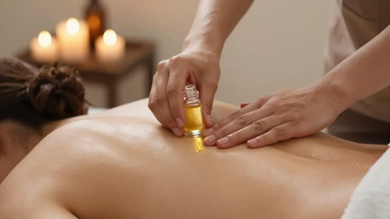 Close-up of hands applying warm oil during a massage with blurred spa lights in the background.