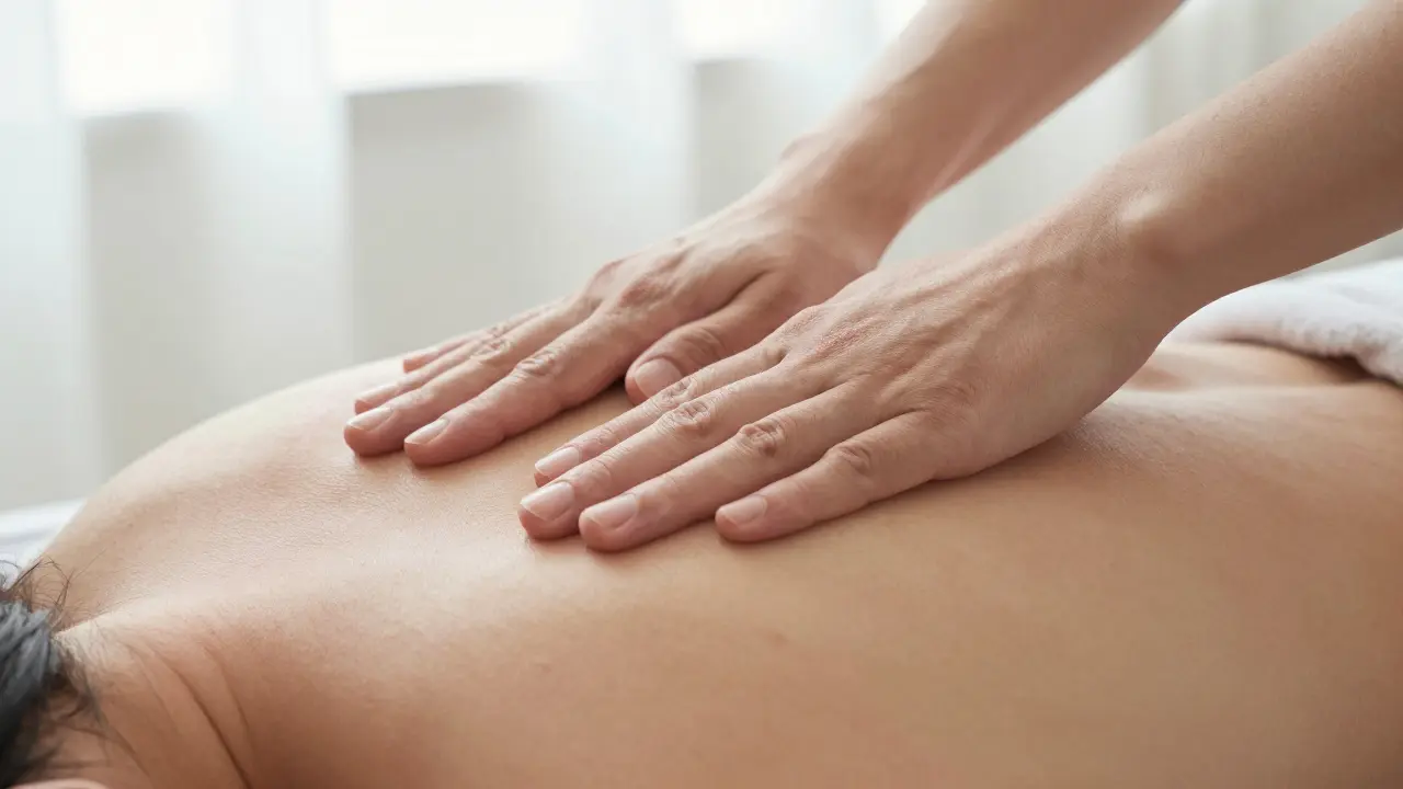 Close-up of hands using feather-light strokes on a neck during manual lymphatic drainage therapy.
