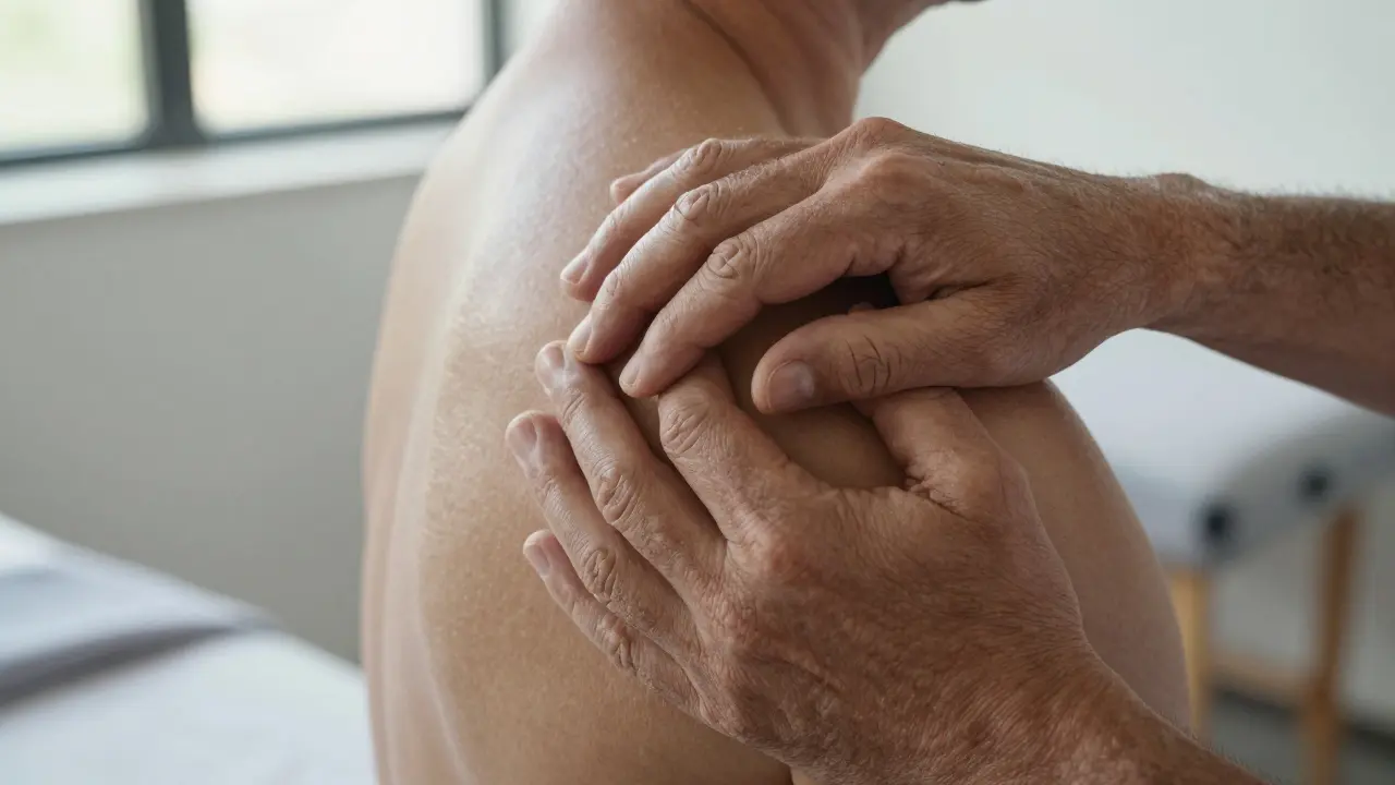 Close-up of hands working on a tense shoulder muscle