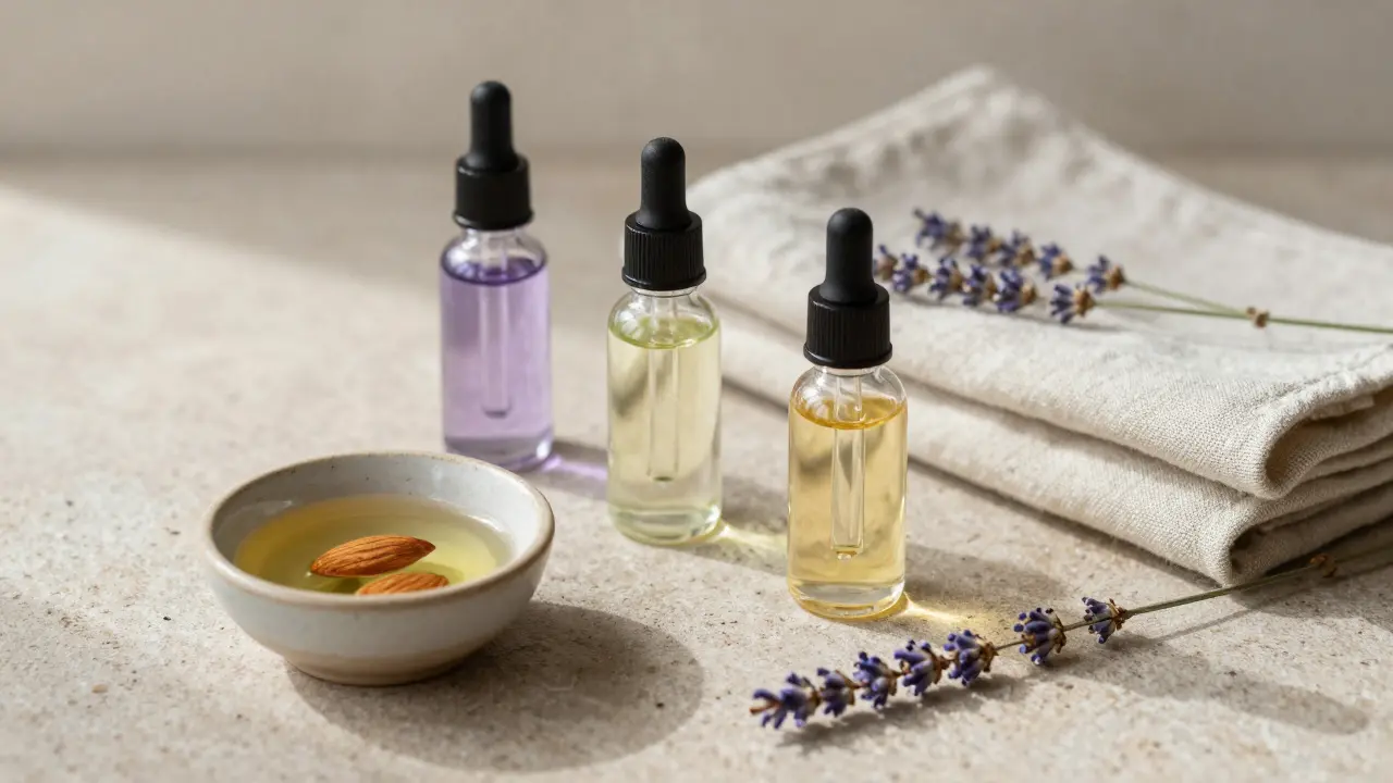 Close-up of lavender, eucalyptus, and citrus essential oil bottles with carrier oil and linen towel.