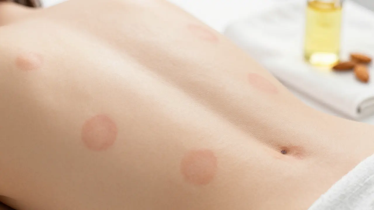 Close-up of light red circular marks on skin from cupping therapy, no dark bruising.