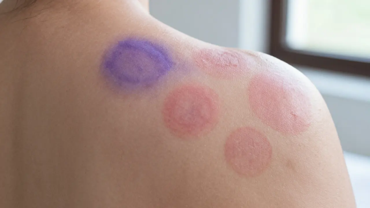 Close-up of light to dark purple cupping marks on a shoulder