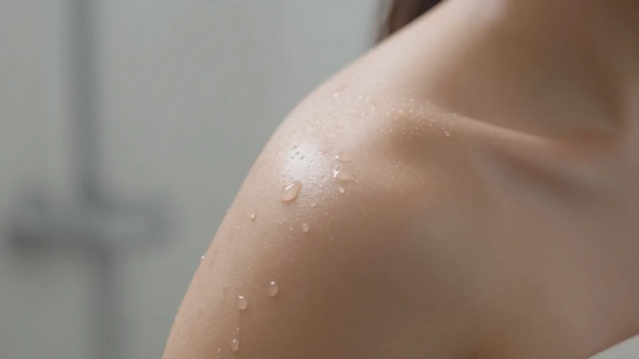 Close-up of smooth, glowing skin with water droplets after exfoliation.