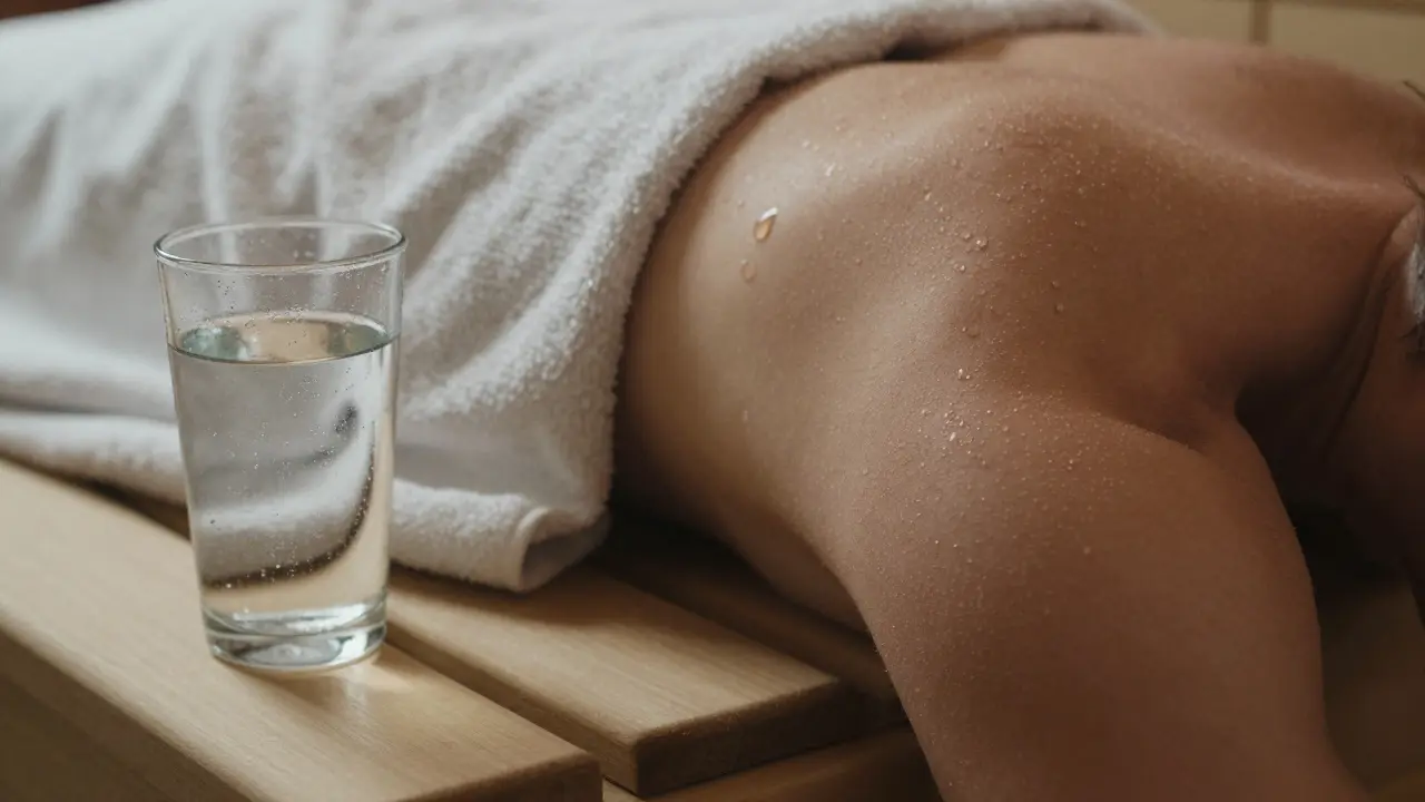 Close-up of sweat on skin with a towel and water bottle nearby.