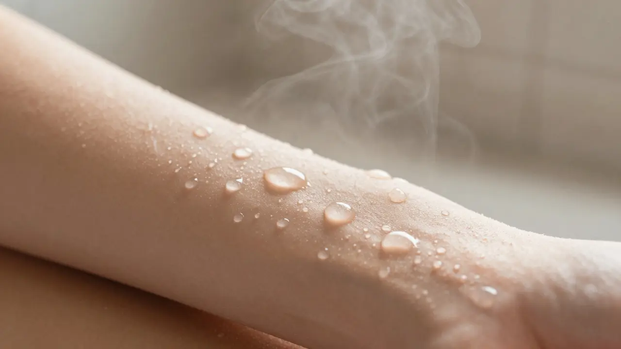 Close-up of water droplets on skin after a steam session, glowing with moisture.