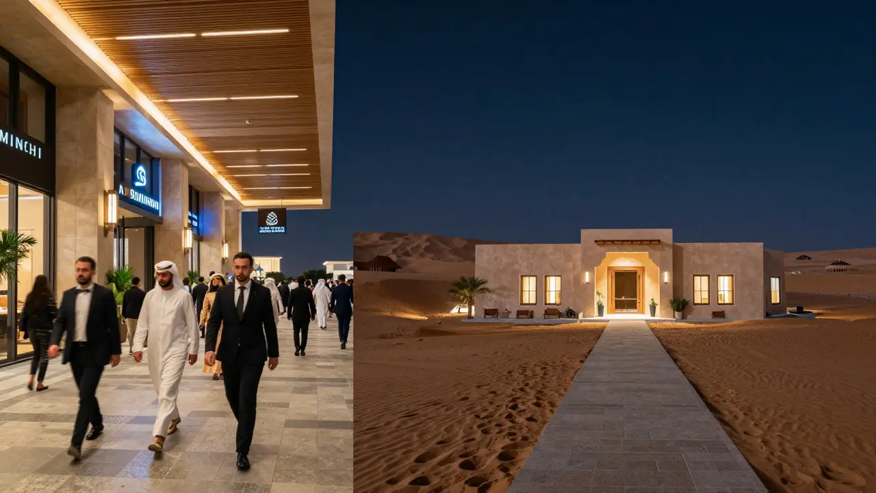 Contrast between a busy mall spa and a secluded desert wellness retreat.