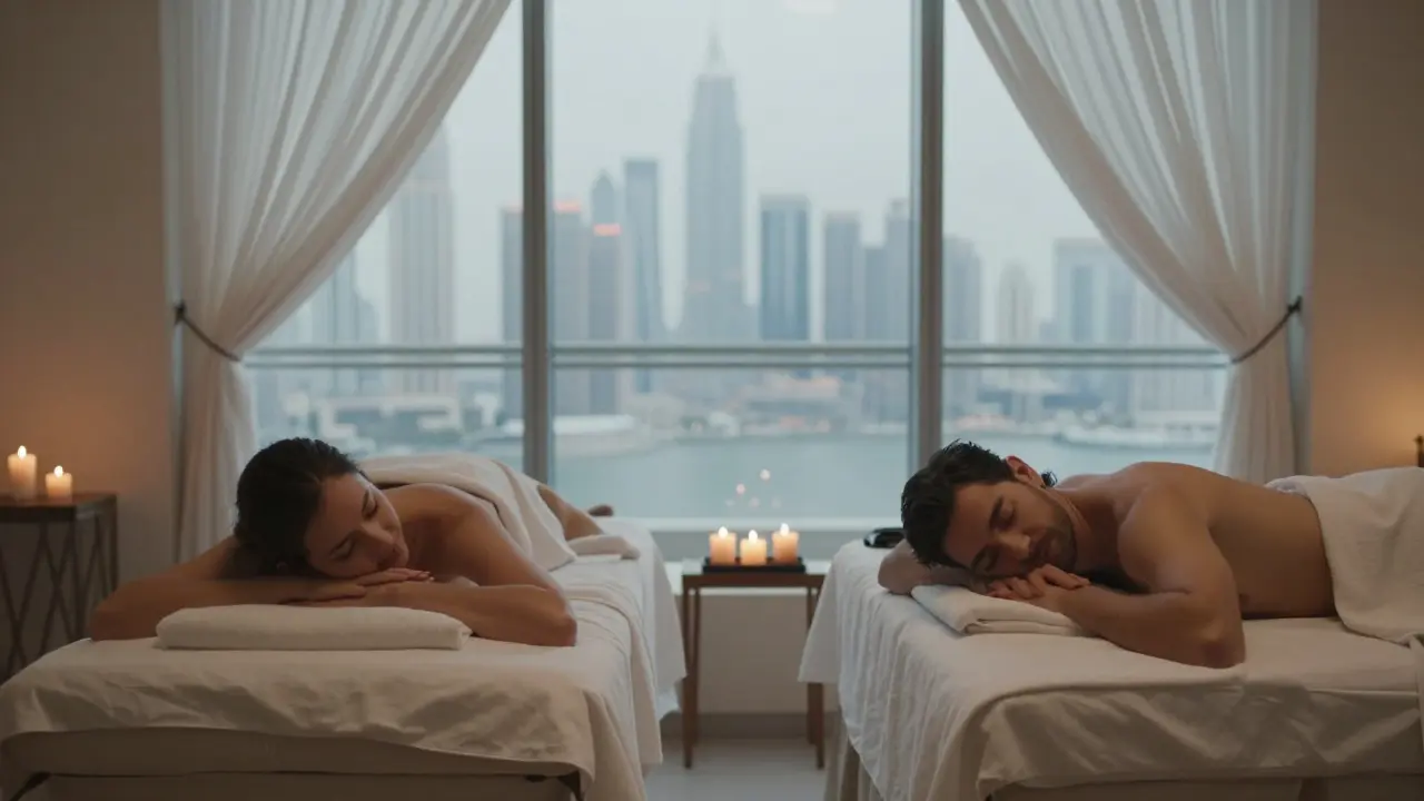 Couple enjoying side-by-side massages in a serene spa suite with skyline view.