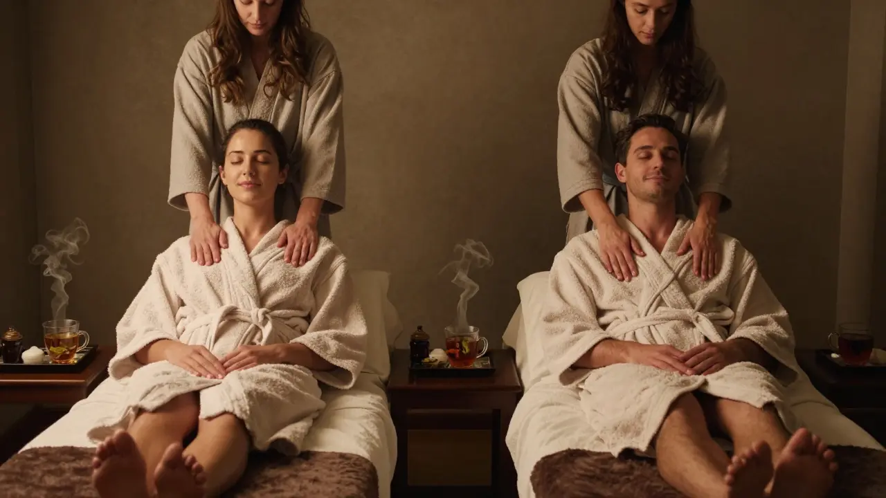 Couple enjoying side-by-side massages in robes, relaxed and at peace.