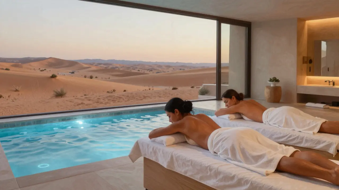 Couple receiving side-by-side massage with desert view at dusk