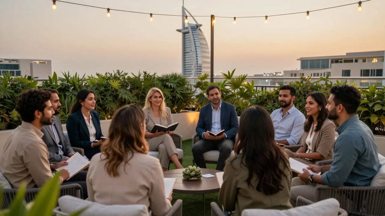 Diverse group of professionals sharing in a rooftop wellness circle at sunset in Dubai.
