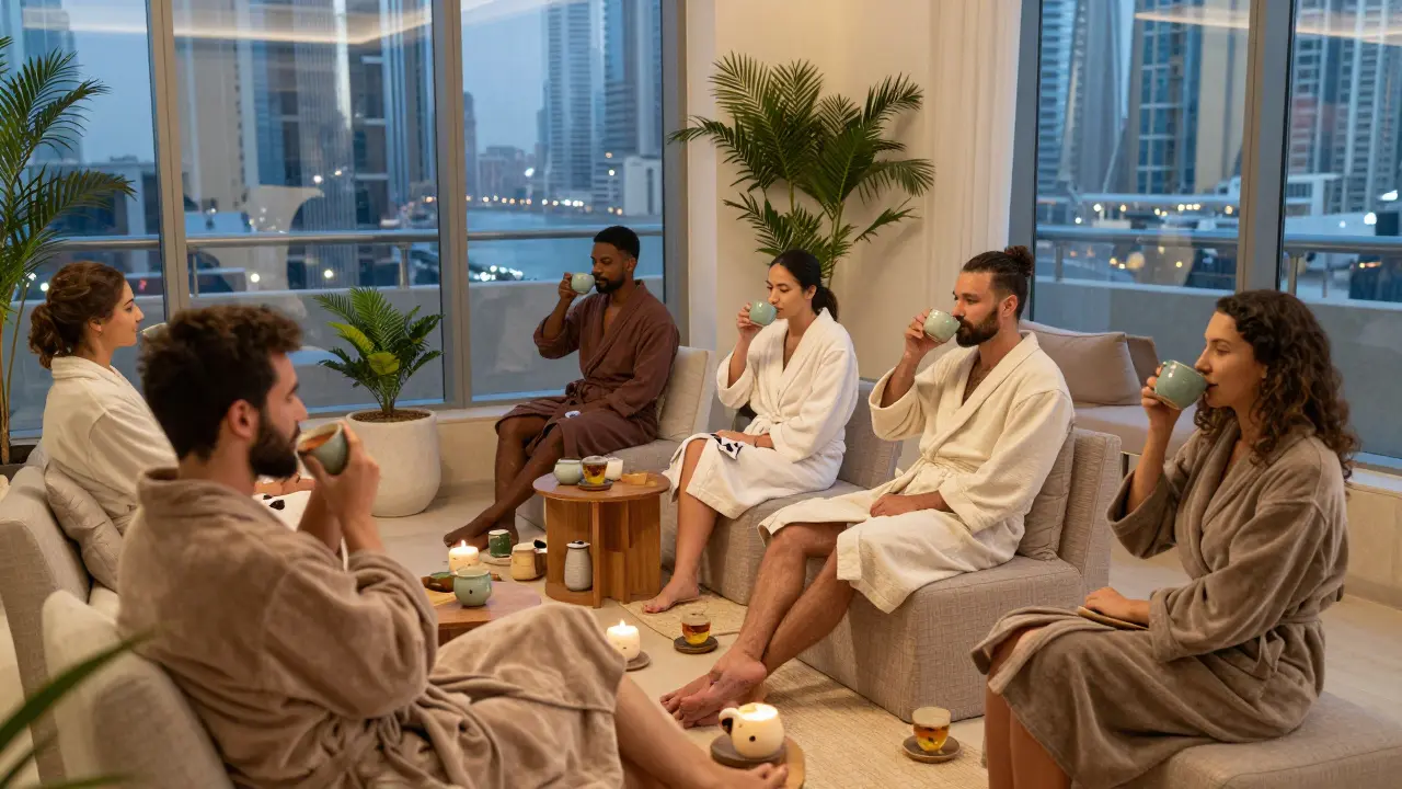 Diverse guests relaxing in a post-massage lounge with herbal tea and city views.