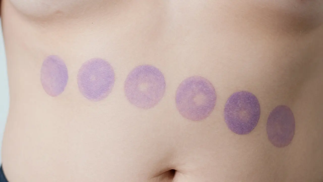 Faded purple circular marks on skin, showing no injury, naturally fading after cupping.