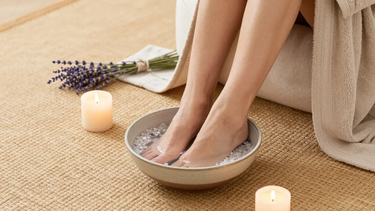 Feet soaking in a ceramic bowl with Epsom salts and lavender, candlelight glowing softly.