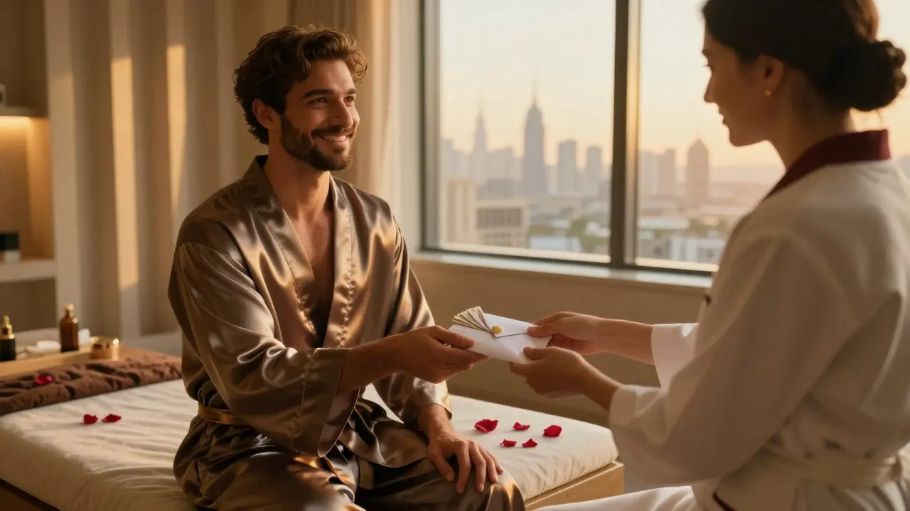 Guest handing a cash tip in an envelope to a spa therapist with a smile.