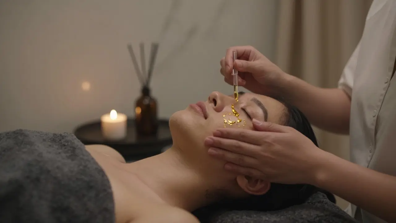 Guest receiving gold-flaked facial treatment on heated stone table