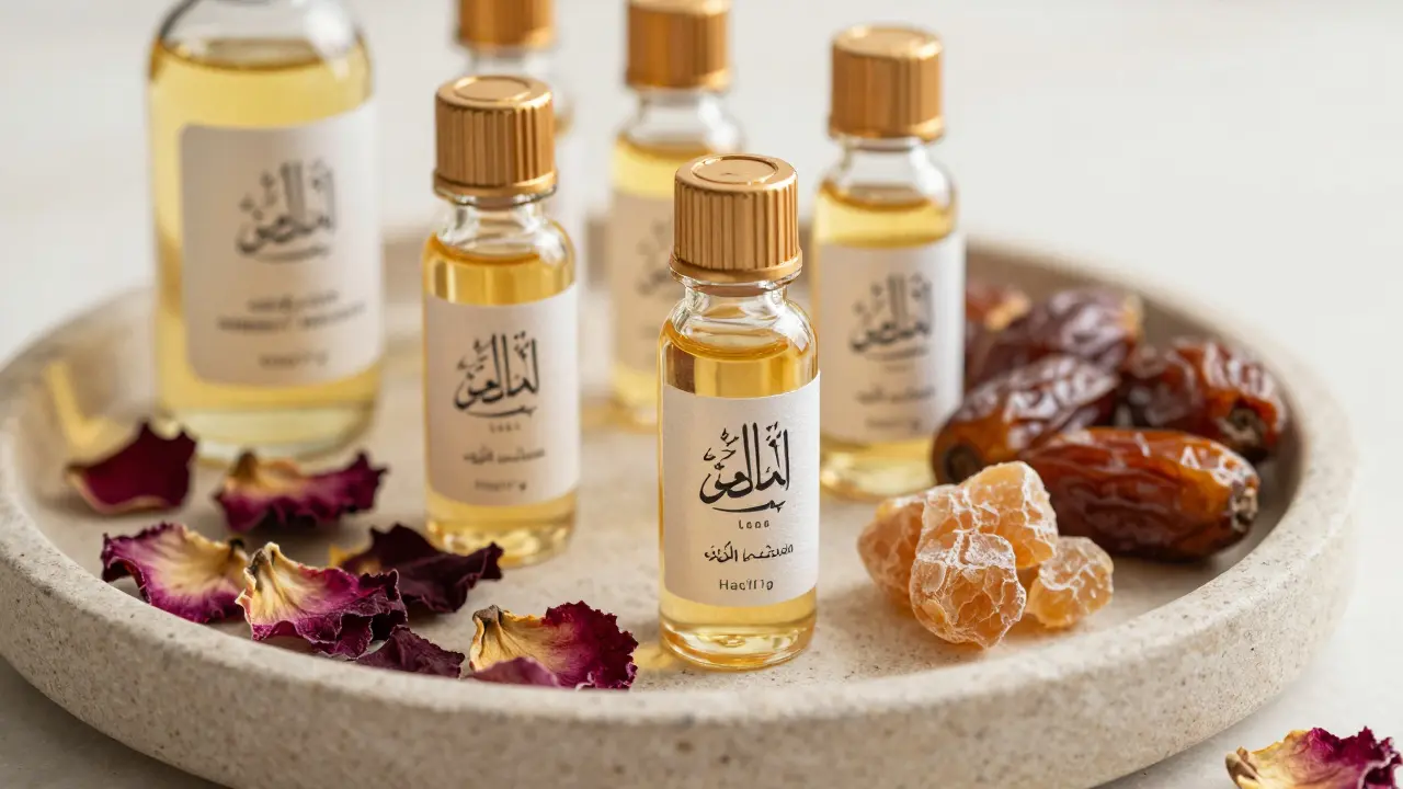 Halal massage oils in glass bottles with Arabic labels, beside rose petals and dates, highlighting natural ingredients.
