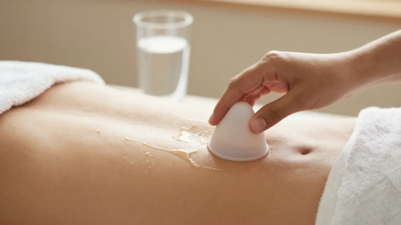 Hand applying silicone cup with oil on skin in natural daylight