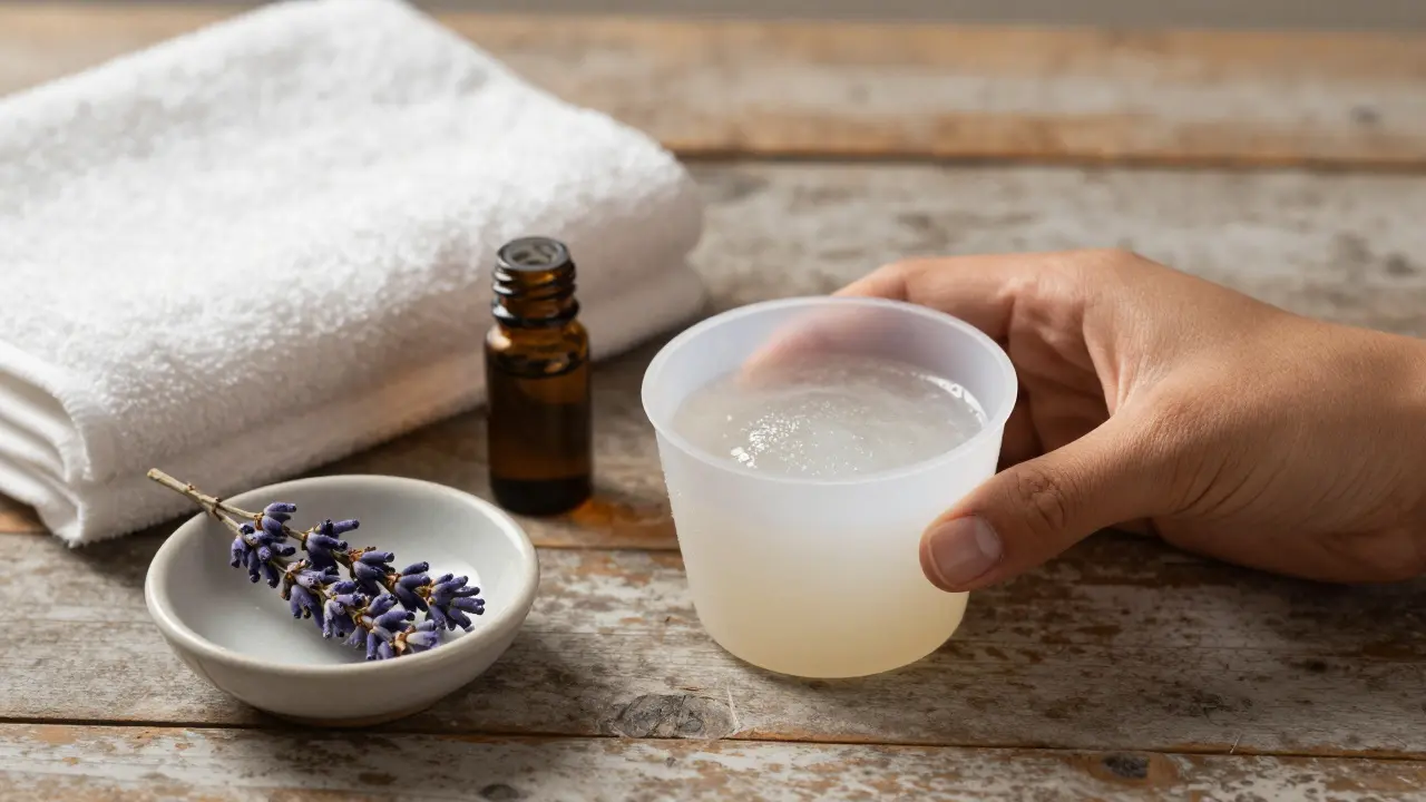 Hand holding a silicone cup with oil on a wooden table beside a towel and essential oils.