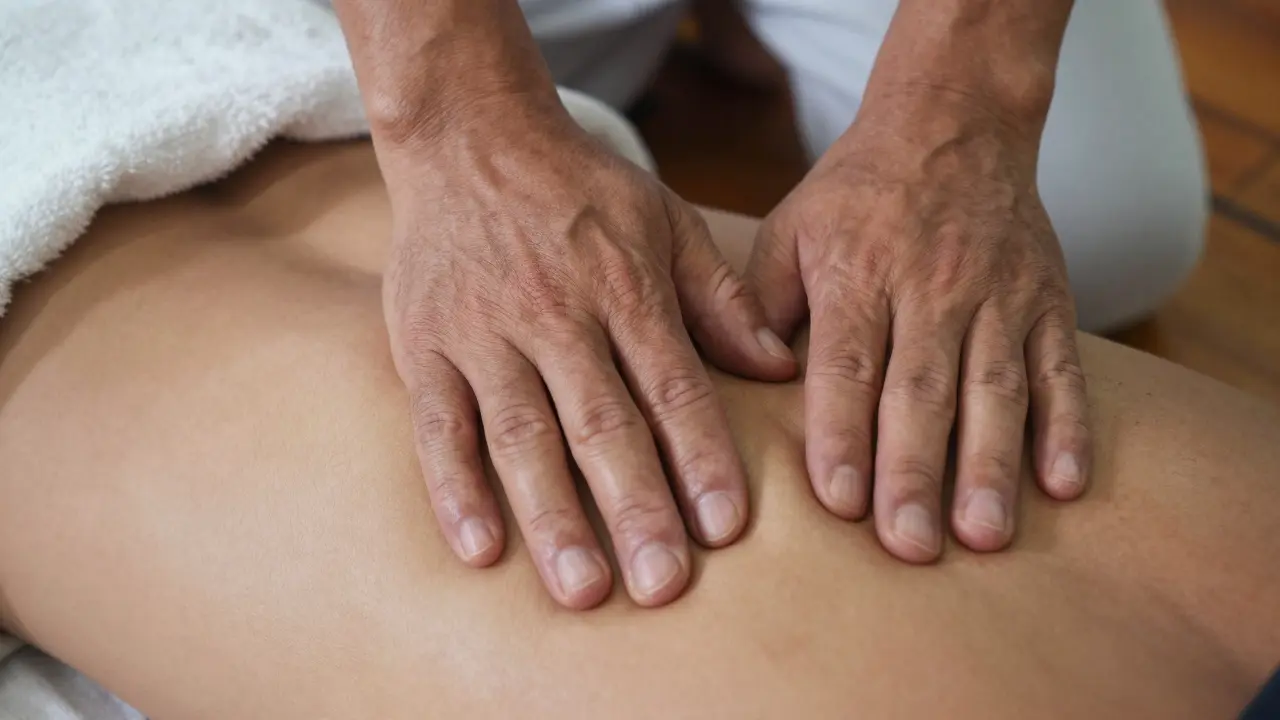 Hands applying pressure along a forearm during a traditional Thai massage