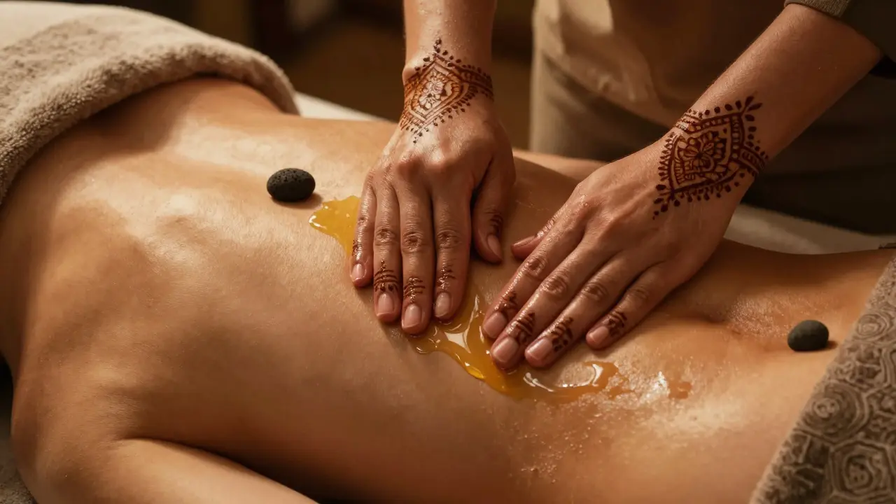Hands applying warm oil in a traditional Arabic massage, with volcanic stones and henna-decorated wrists visible.