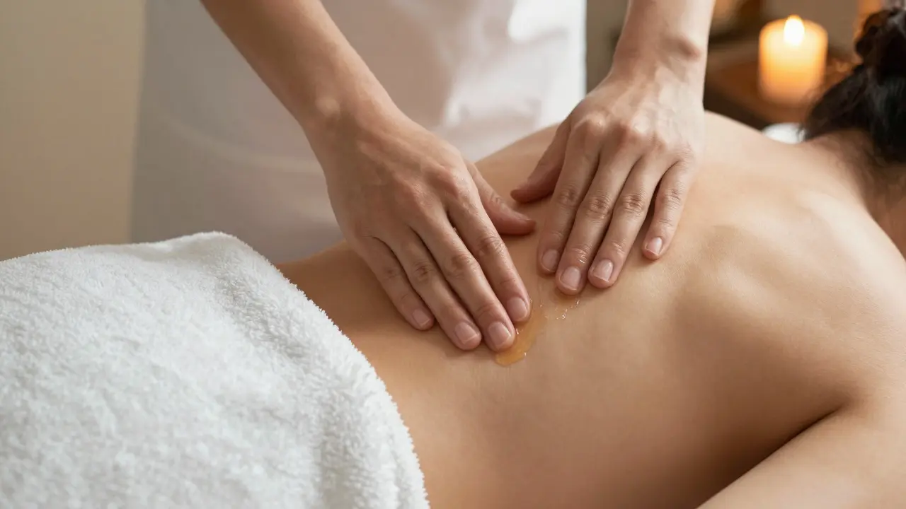 Hands applying warm oil to a draped client's back with only shoulders visible.