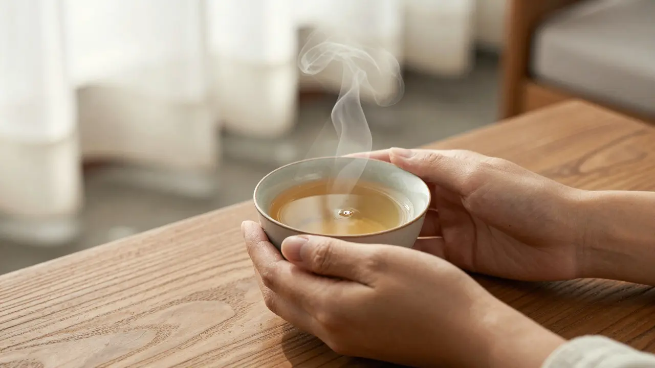 Hands holding a cup of herbal tea with steam rising, on a wooden table in a calm spa environment.