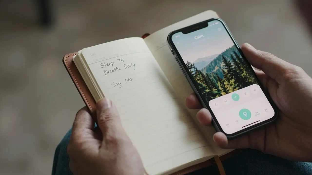 Hands holding a journal with handwritten wellness goals and a mindfulness app on phone.