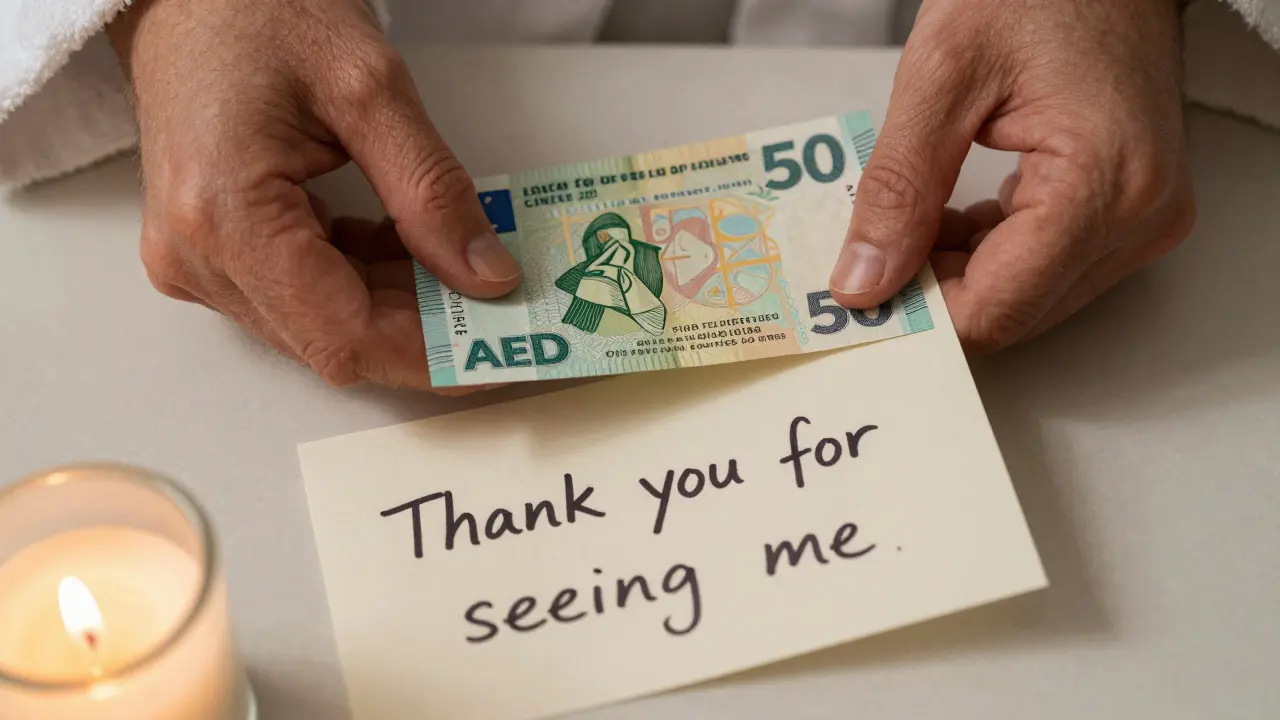 Hands holding cash and a handwritten thank-you note beside a candle.