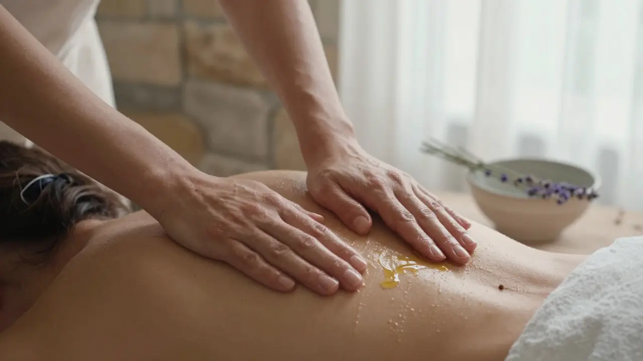 Hands massaging a back with warm oil, natural light filtering through sheer curtains.
