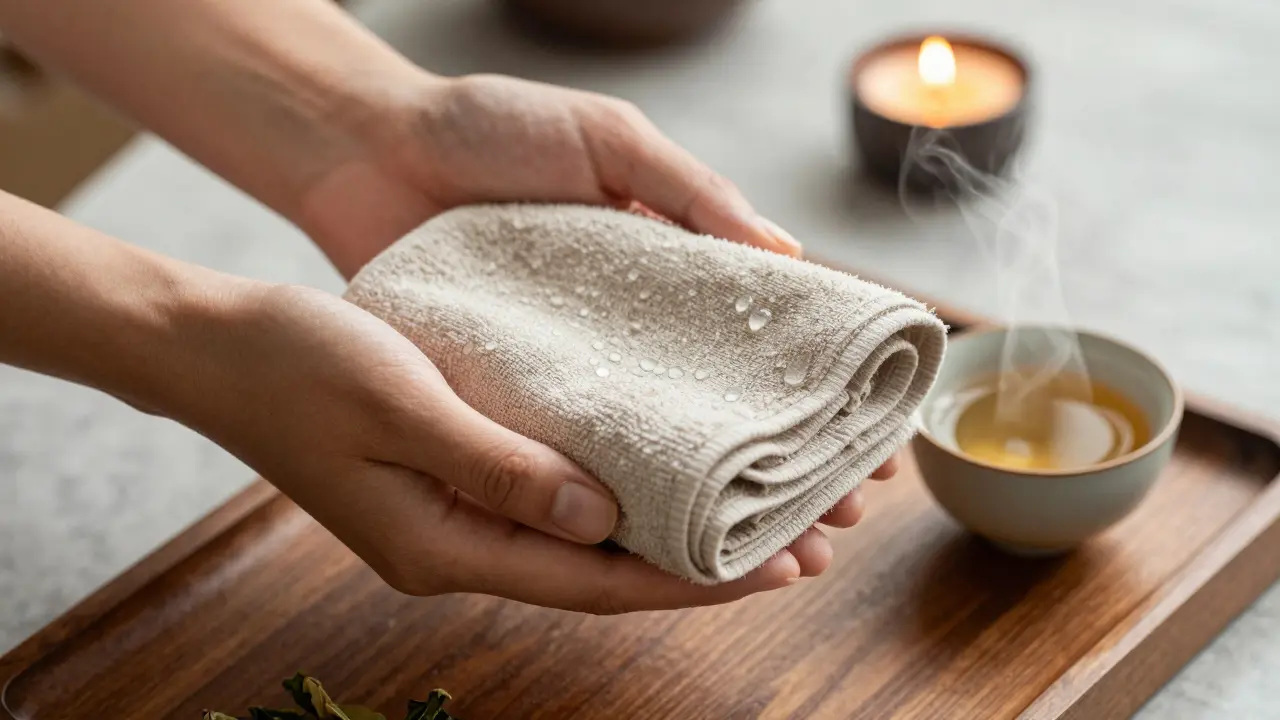 Hands offering a warm towel and herbal tea after a spa treatment.