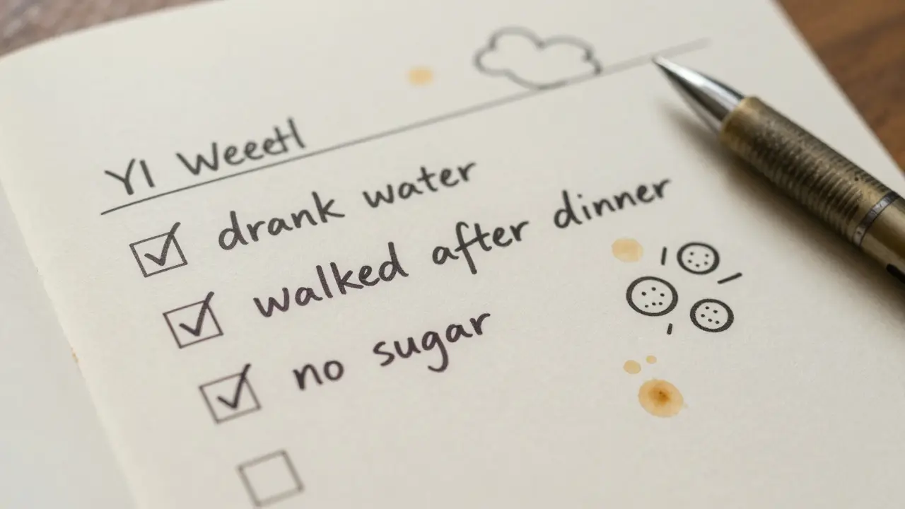 Handwritten habit tracker with checkmarks and coffee stains on paper.