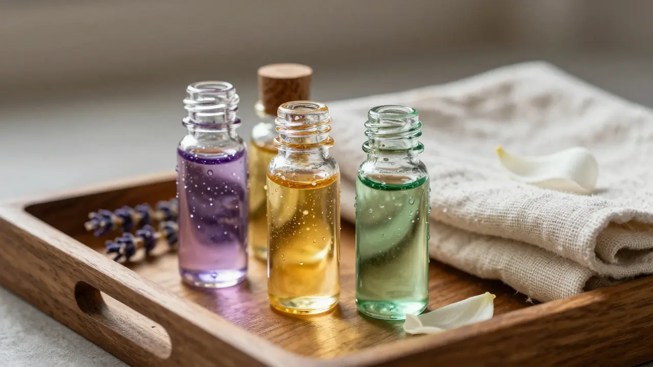 Natural massage oils in glass bottles on a wooden tray with a linen towel and petal.