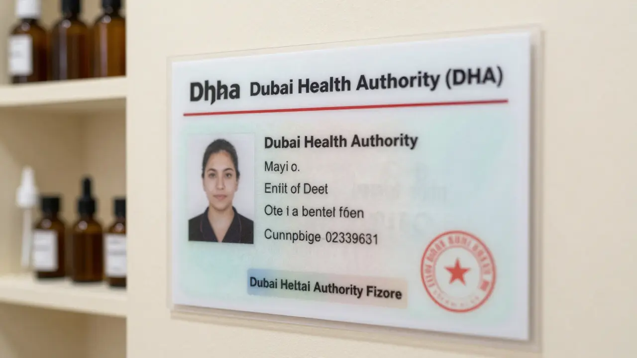 Official Dubai Health Authority license displayed on a spa wall with therapist credentials visible.