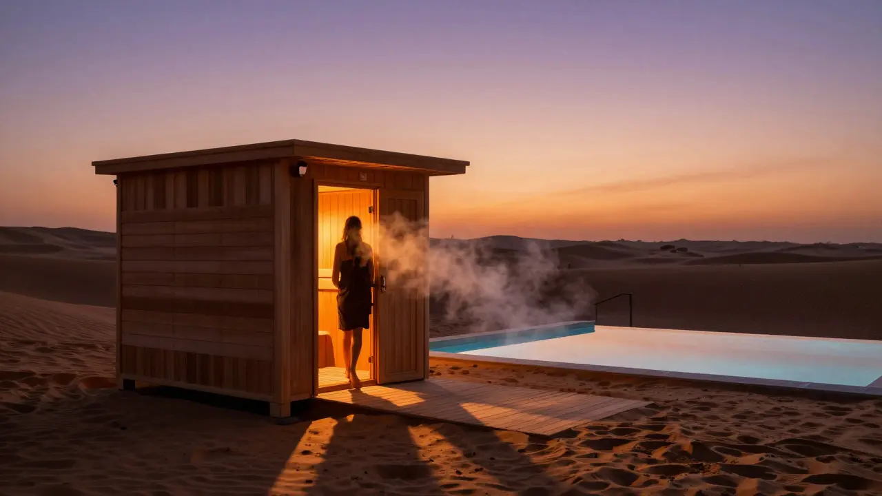 Outdoor desert sauna at sunset with cool pool nearby and steam rising.