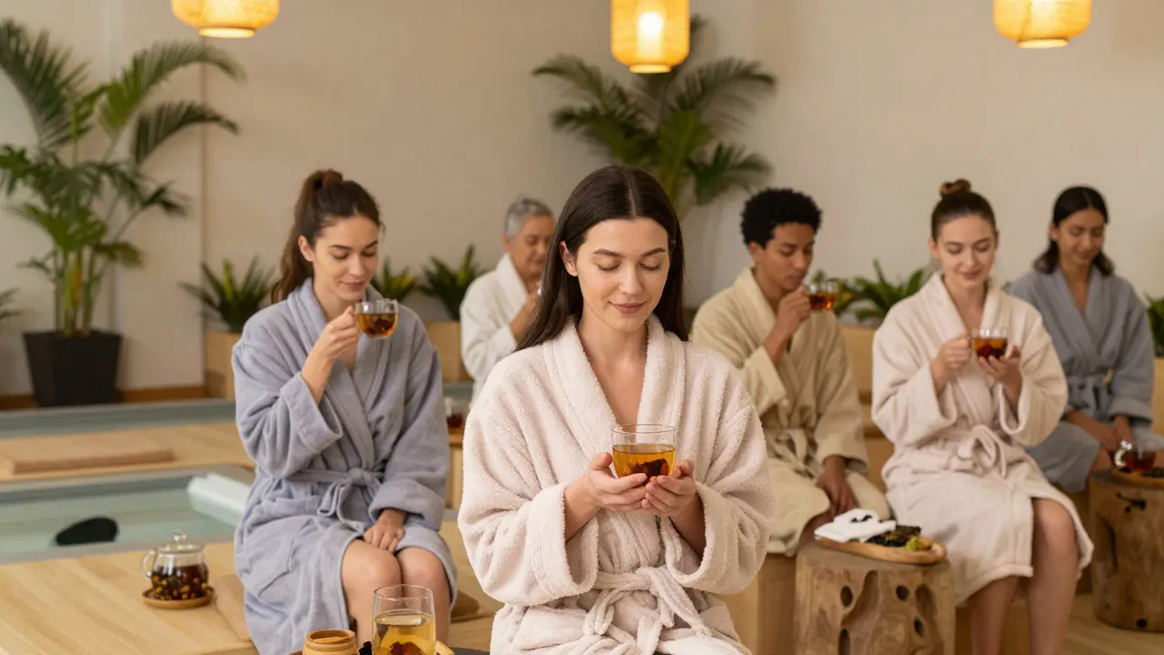 People in robes relaxing in a quiet spa lounge, sipping tea after a massage.